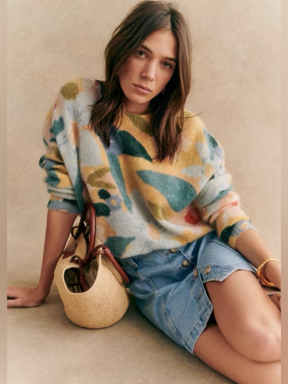 Sezane Floral Isadora Cozy Knit Jumper  - Pastel Yellow Multicolor
